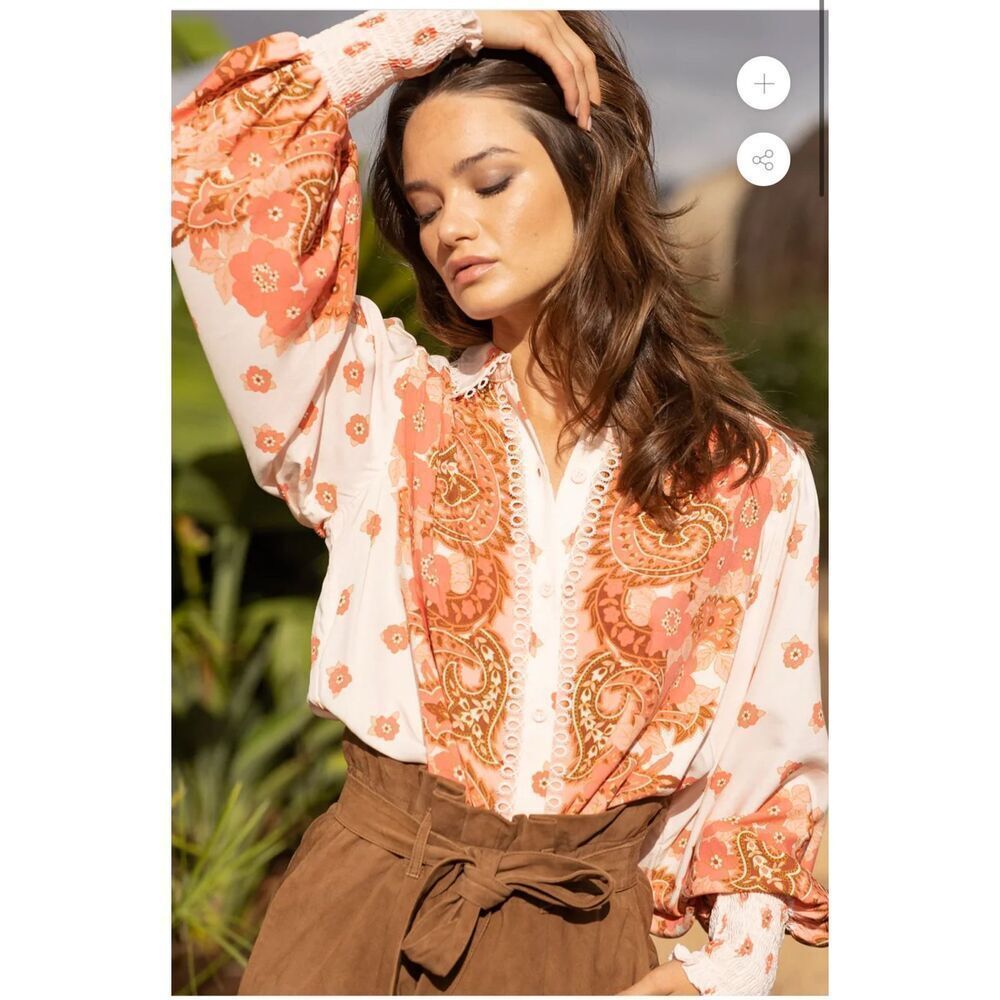 Miss June Paris Madelyn Blouse boho long sleeve floral paisley crotchet details